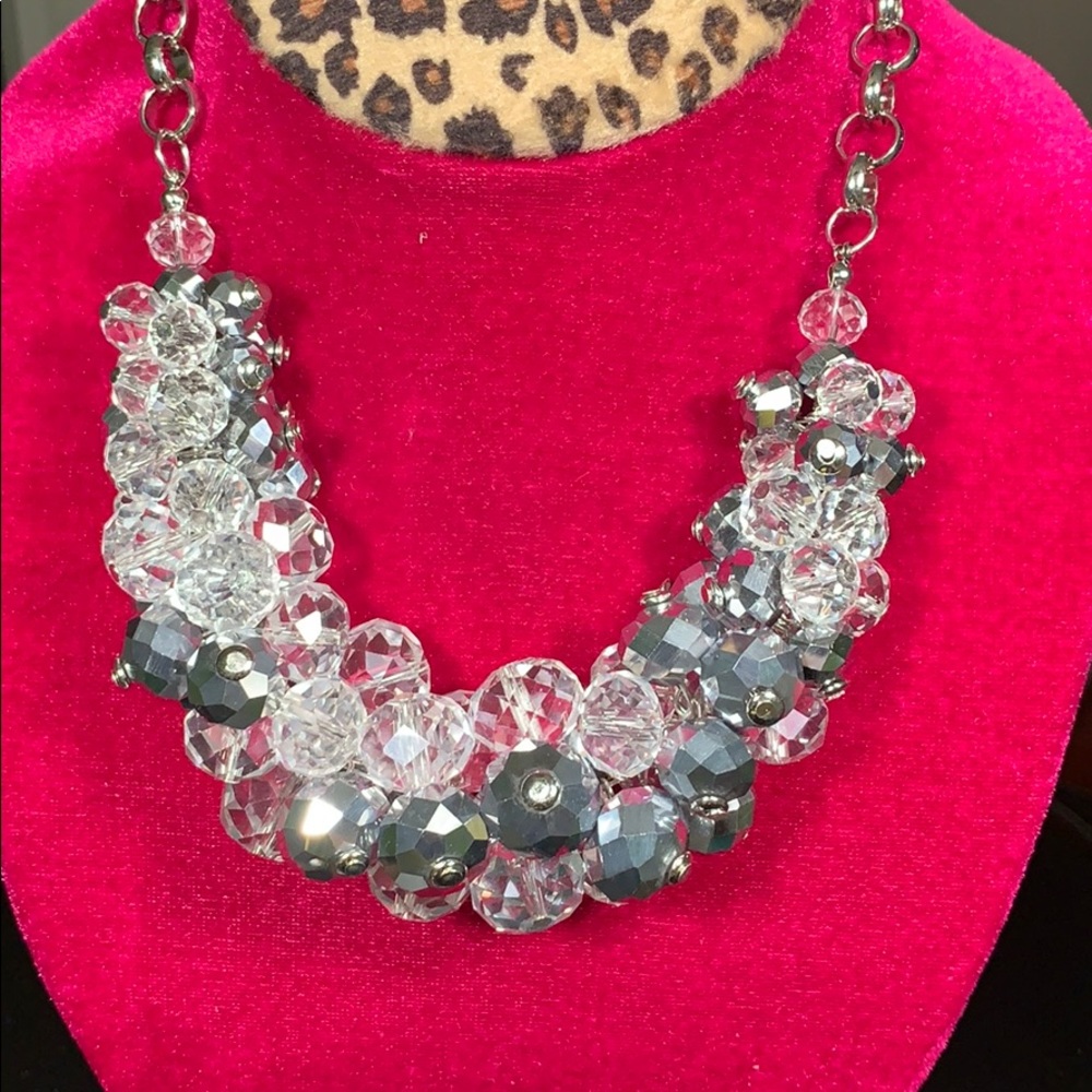 Stunning cluster clear and silver stone necklace